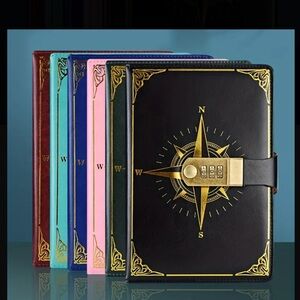 Compass Design Lock Journals in Multiple Colors Flexibound Leather PU Cover Gold